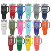 A grid of 24 40oz insulated travel mugs in many colors, each with a stainless steel lid and straw and a custom engraved logo or text. The colors shown include black, red, royal blue, teal, gray, navy blue, white, olive green, hot pink, light blue, purple, orange, green, yellow, and coral.