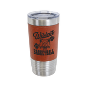 A personalized stainless steel basketball tumbler with a textured basketball wrap featuring a custom engraved basketball logo.