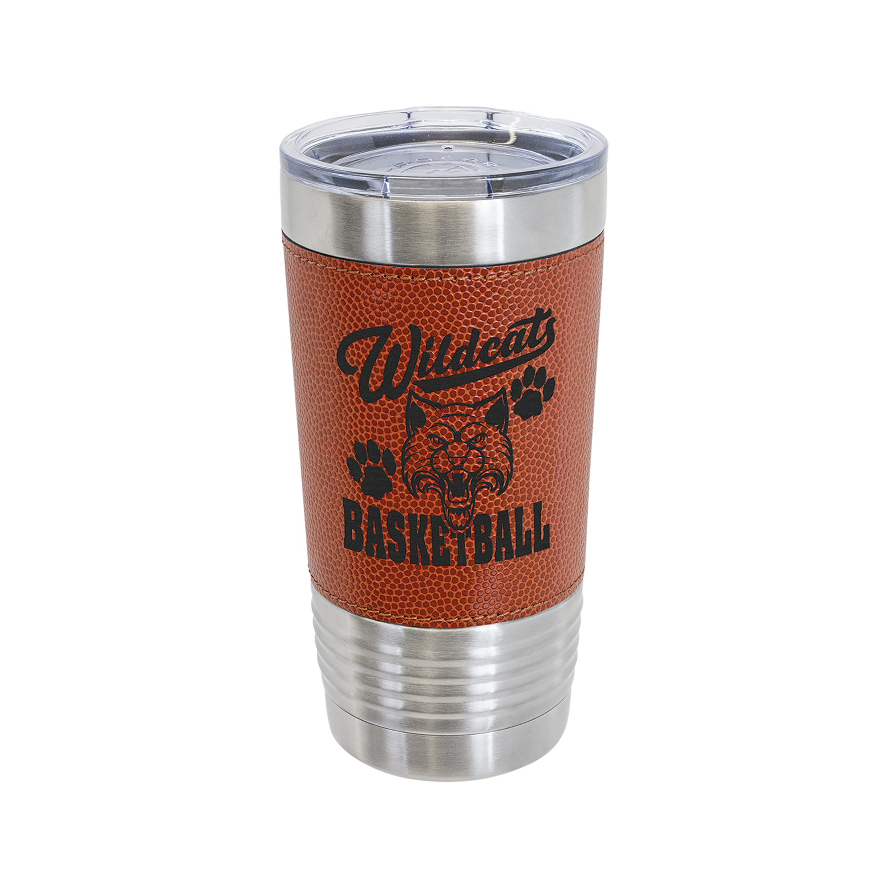 A personalized stainless steel basketball tumbler with a textured basketball wrap featuring a custom engraved basketball logo.