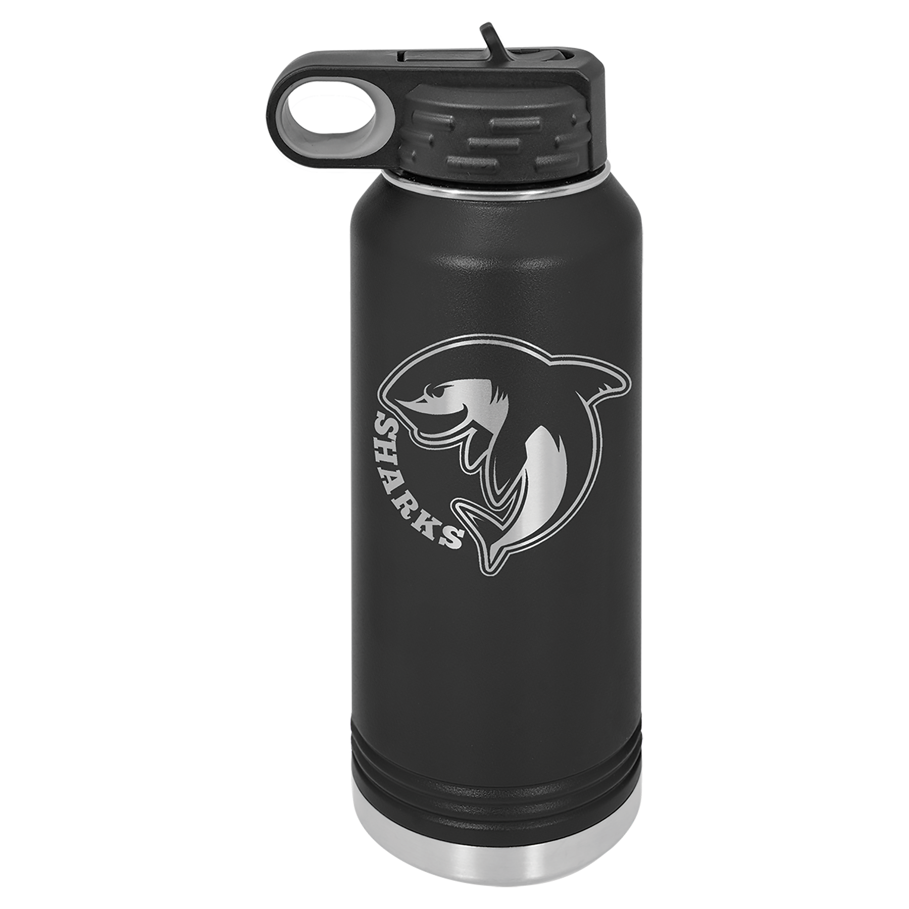 Black Stainless steel water bottle with a custom school logo engraved into the powder coating.