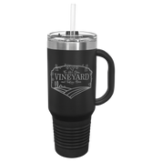 Black 40oz travel oz mug with handle and straw custom engraved with a vineyard logo on a white background