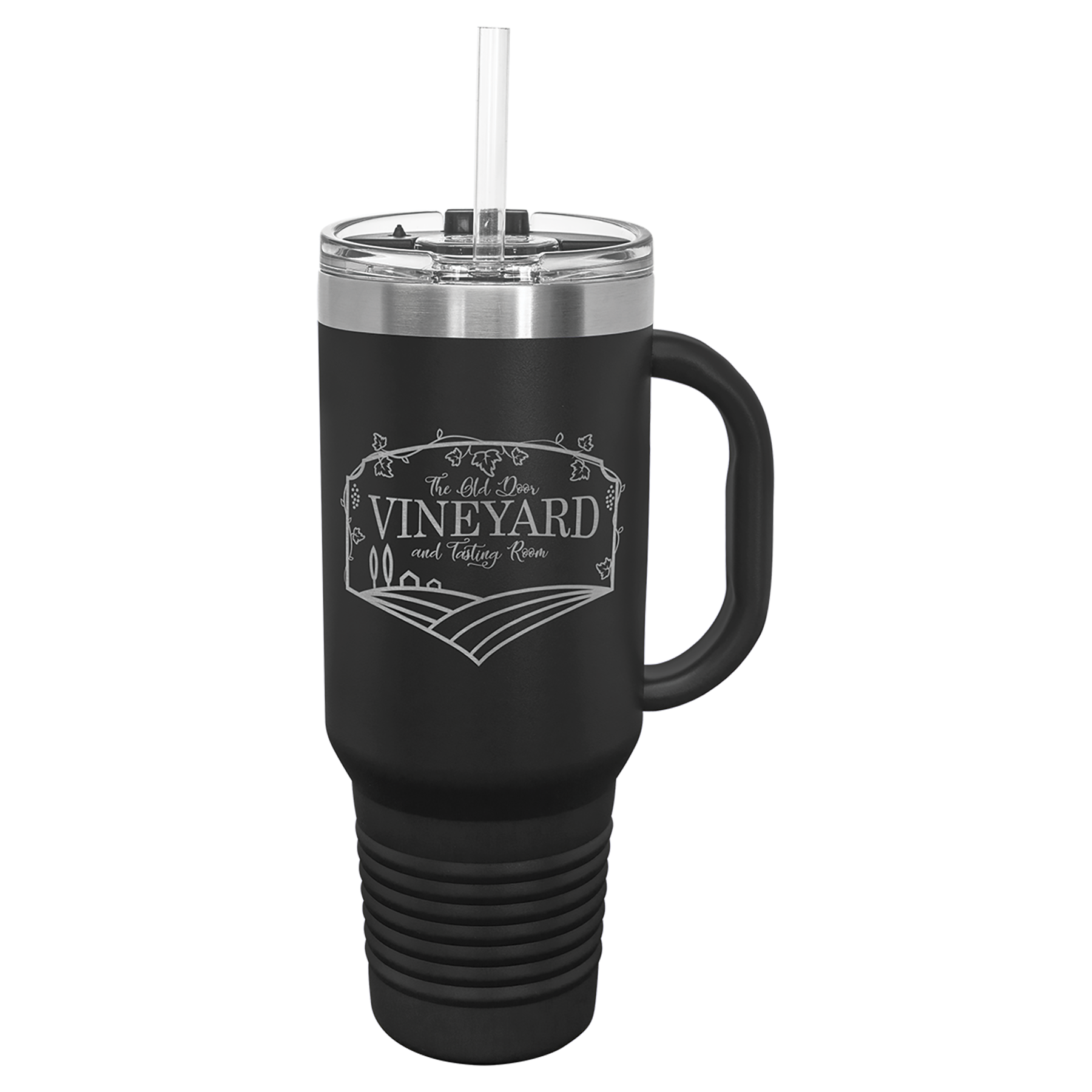Black 40oz travel oz mug with handle and straw custom engraved with a vineyard logo on a white background