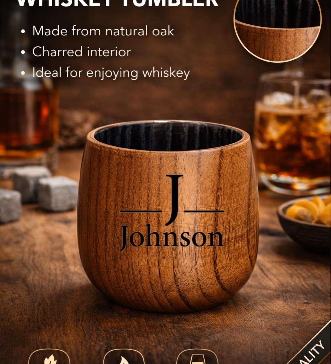 Charred oak bourbon whiskey cup with a custom name and initial engraved into the wood