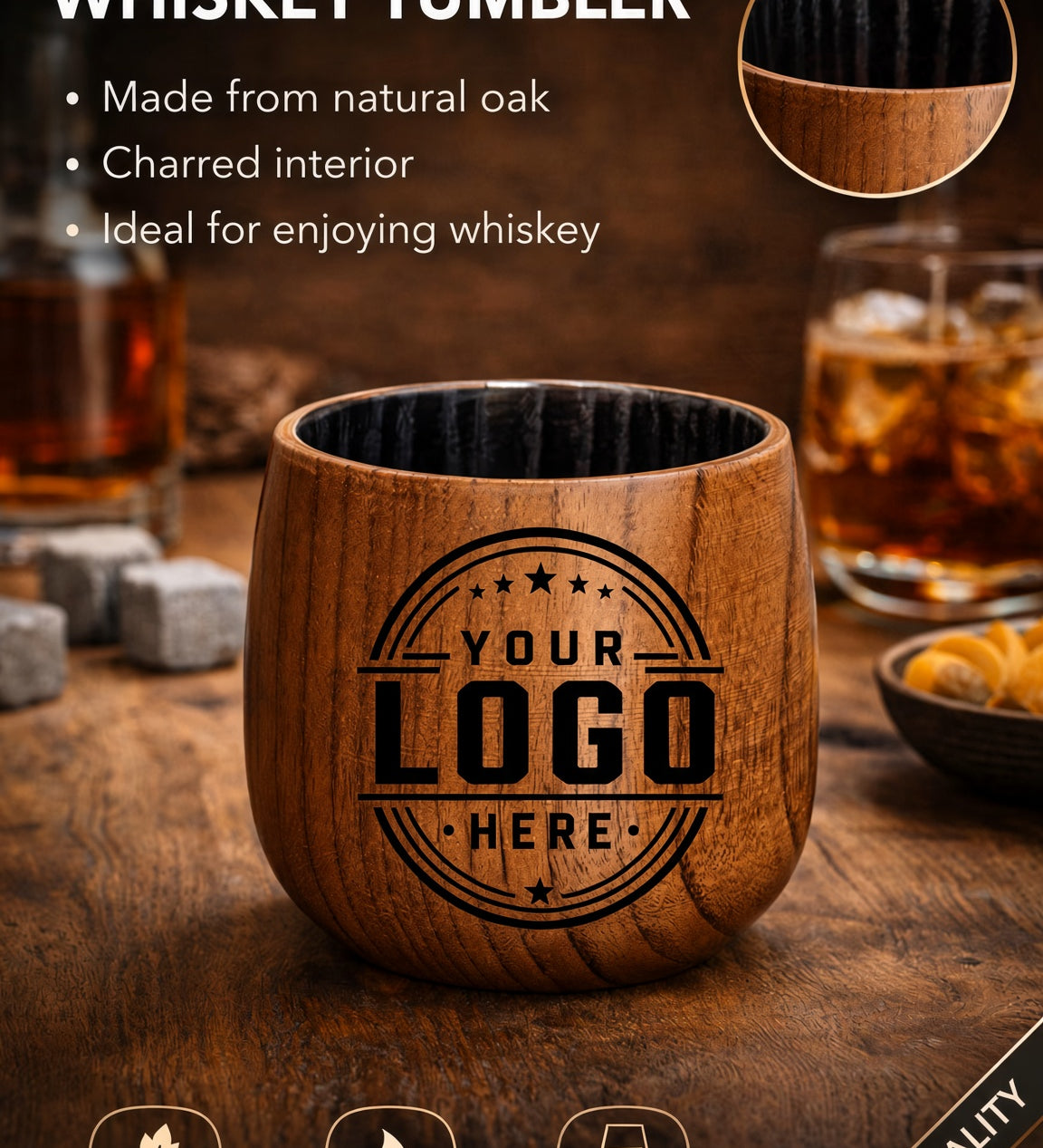 Charred oak whiskey tumbler with a dark wood interior and engraved placeholder logo, shown on a rustic wooden table with whiskey glasses and stones in the background. Text highlights natural oak, charred interior, and whiskey suitability.