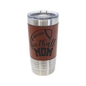 A personalized stainless steel insulated tumbler with a clear lid, featuring a brown leather football texture wrap with a custom engraved football logo.