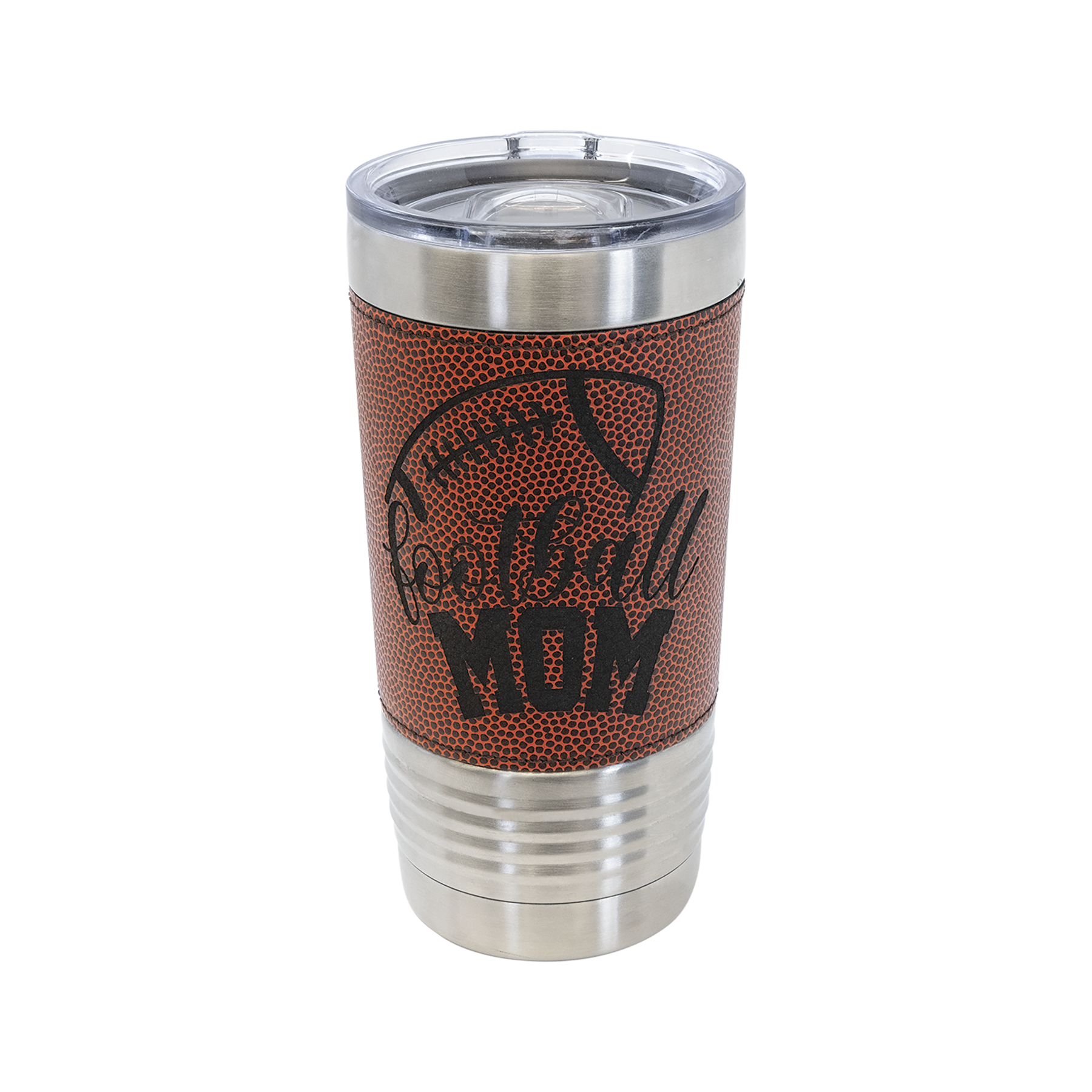 A personalized stainless steel insulated tumbler with a clear lid, featuring a brown leather football texture wrap with a custom engraved football logo.
