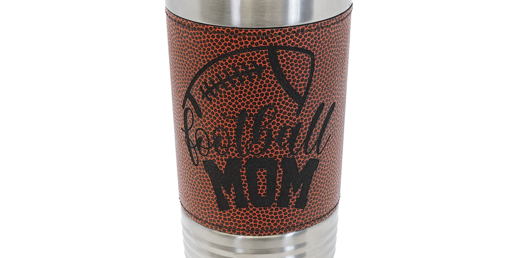 A personalized stainless steel insulated tumbler with a clear lid, featuring a brown leather football texture wrap with a custom engraved football logo.