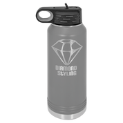 Gray water bottle with custom engraved diamond business logo on a white background
