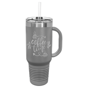 Gray 40oz travel mug with a personalized coffee shop logo engraved