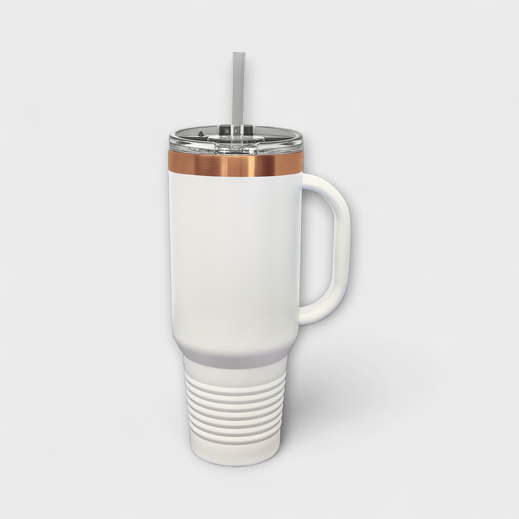 White 40 oz Tumbler with Handle with Rose Gold Ring
