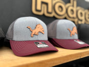 Gray and Red Leather Patch Hats with a Lion logo