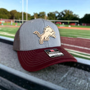 Gray and Red Leather Patch Hat with a Lion Patch