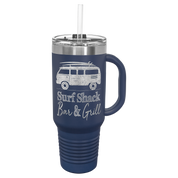 Navy blue 40oz travel mug with a custom bar and grill surf shack logo engraved 