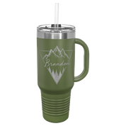 Olive green 40oz travel mug with a custom name and a mountain design engraved