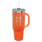 Orange tumbler with a custom basketball team mom logo engraved and a handle 