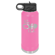 Pink 32 oz powder coated water bottle with a custom school team track team logo engraved