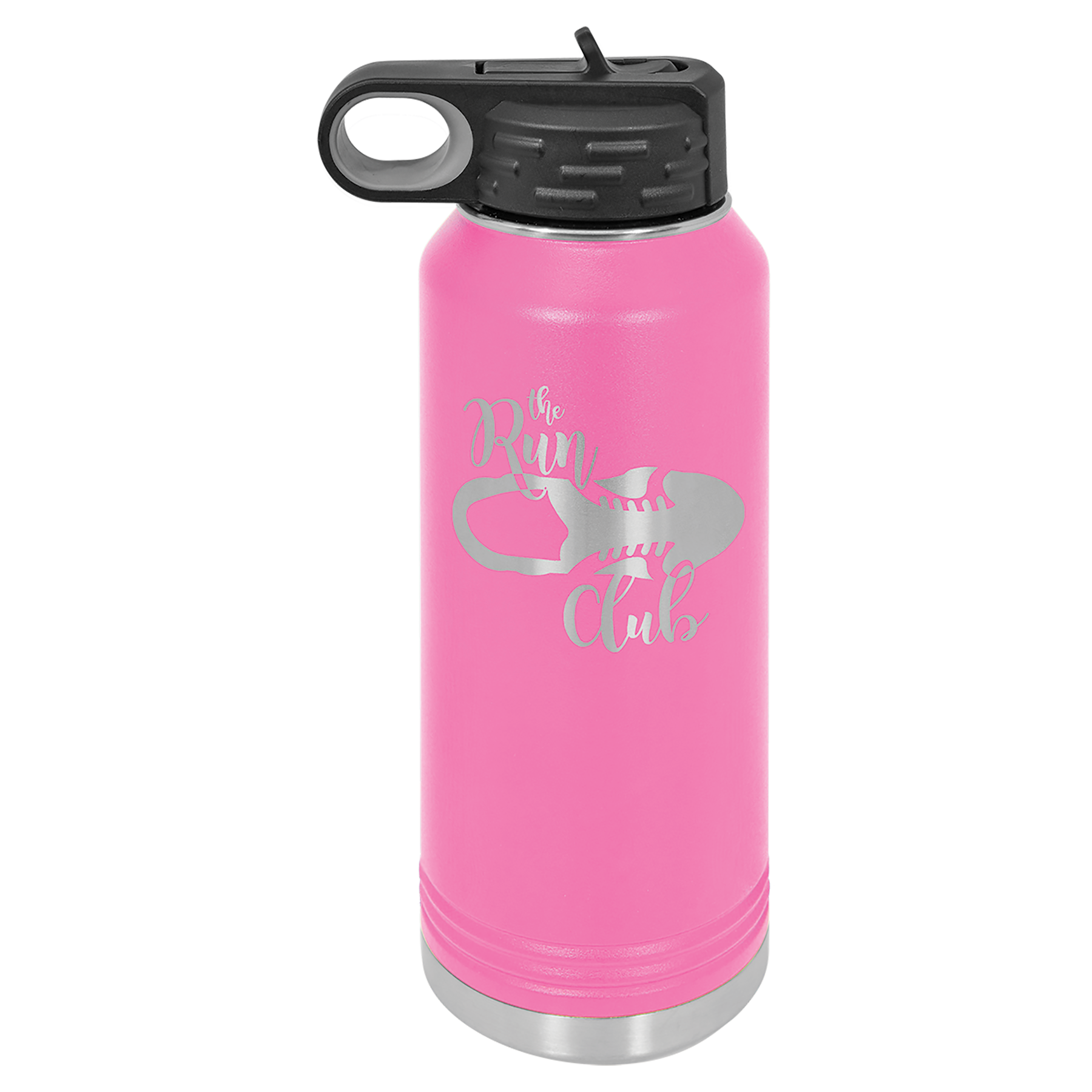 Pink 32 oz powder coated water bottle with a custom school team track team logo engraved