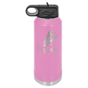 Pink water bottle with black lid and 'personalized logo' engraving on a white background