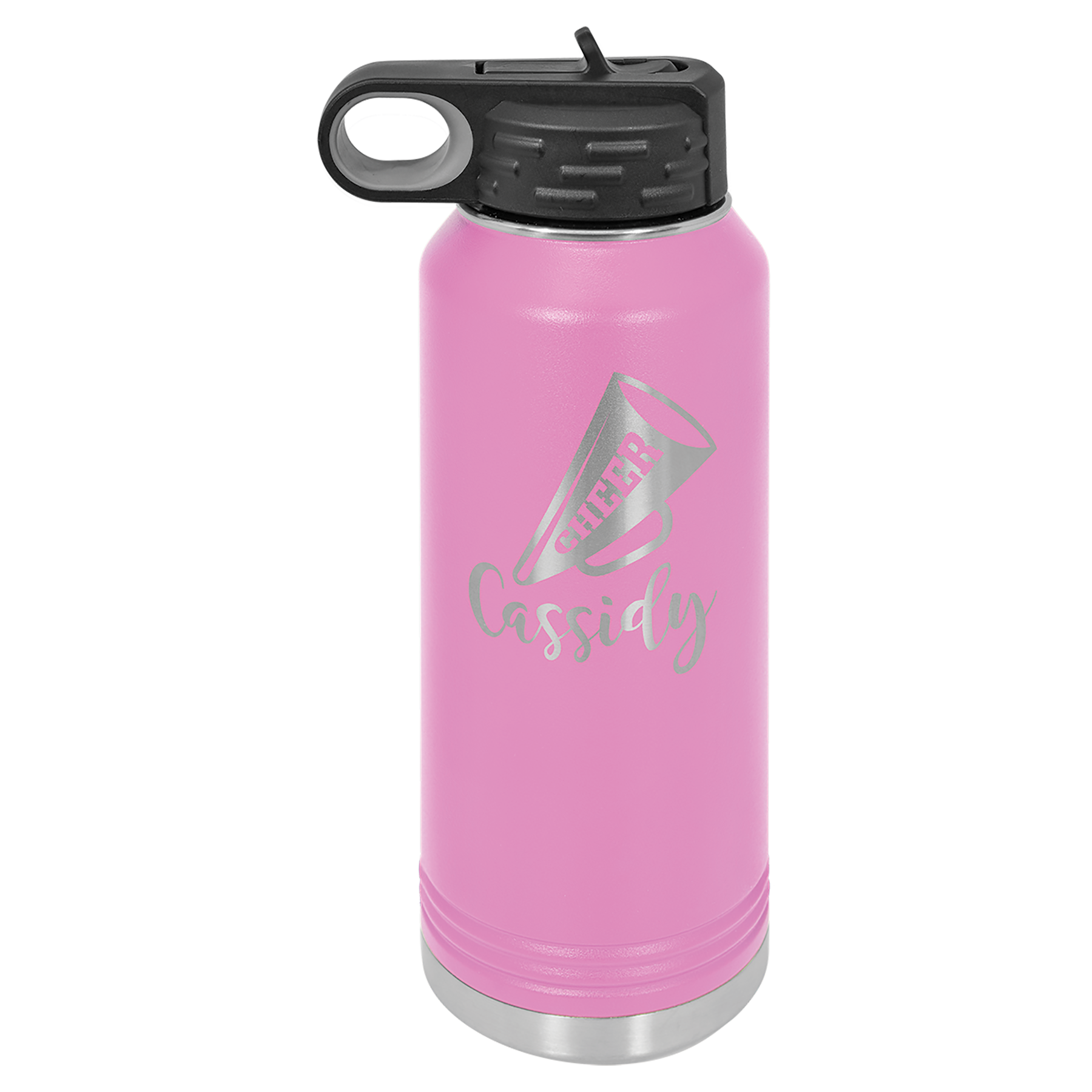 Pink water bottle with black lid and 'personalized logo' engraving on a white background