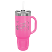 Pink 40 oz travel mug with a 'Flower Boutique' logo engraved