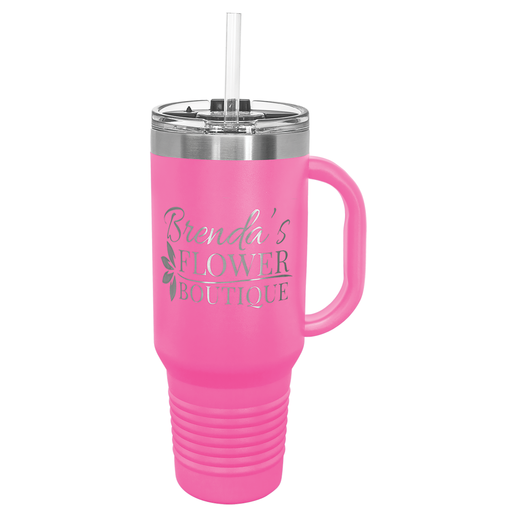 Pink 40 oz travel mug with a 'Flower Boutique' logo engraved