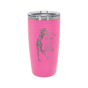 Pink golf ball dimpled Polar Camel stainless steel tumbler with custom logo engraving for golf tournaments, fundraisers, and bulk orders