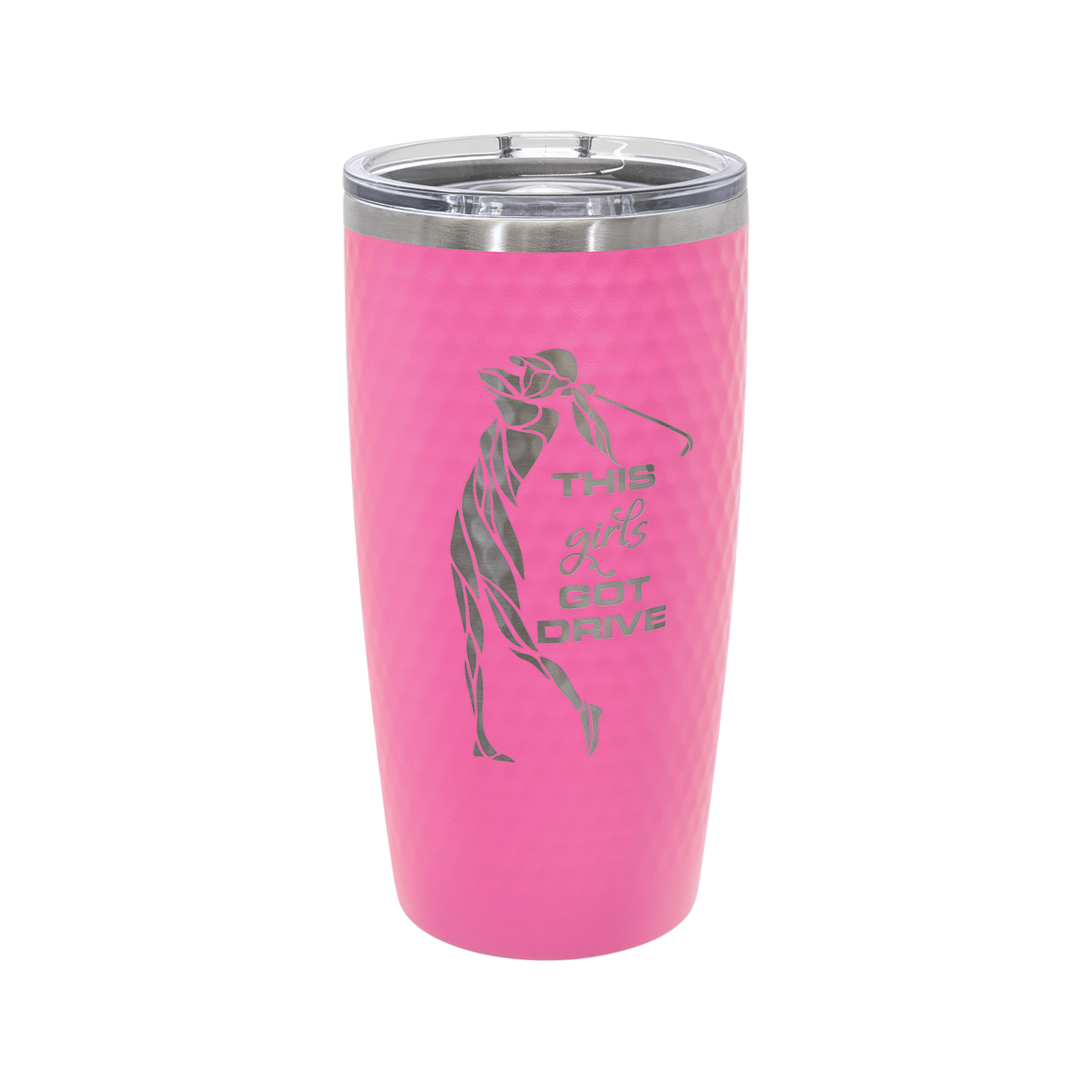 Pink golf ball dimpled Polar Camel stainless steel tumbler with custom logo engraving for golf tournaments, fundraisers, and bulk orders
