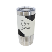 A personalized stainless steel insulated tumbler with a clear lid, featuring a soccer ball wrap with a custom engraved loge.