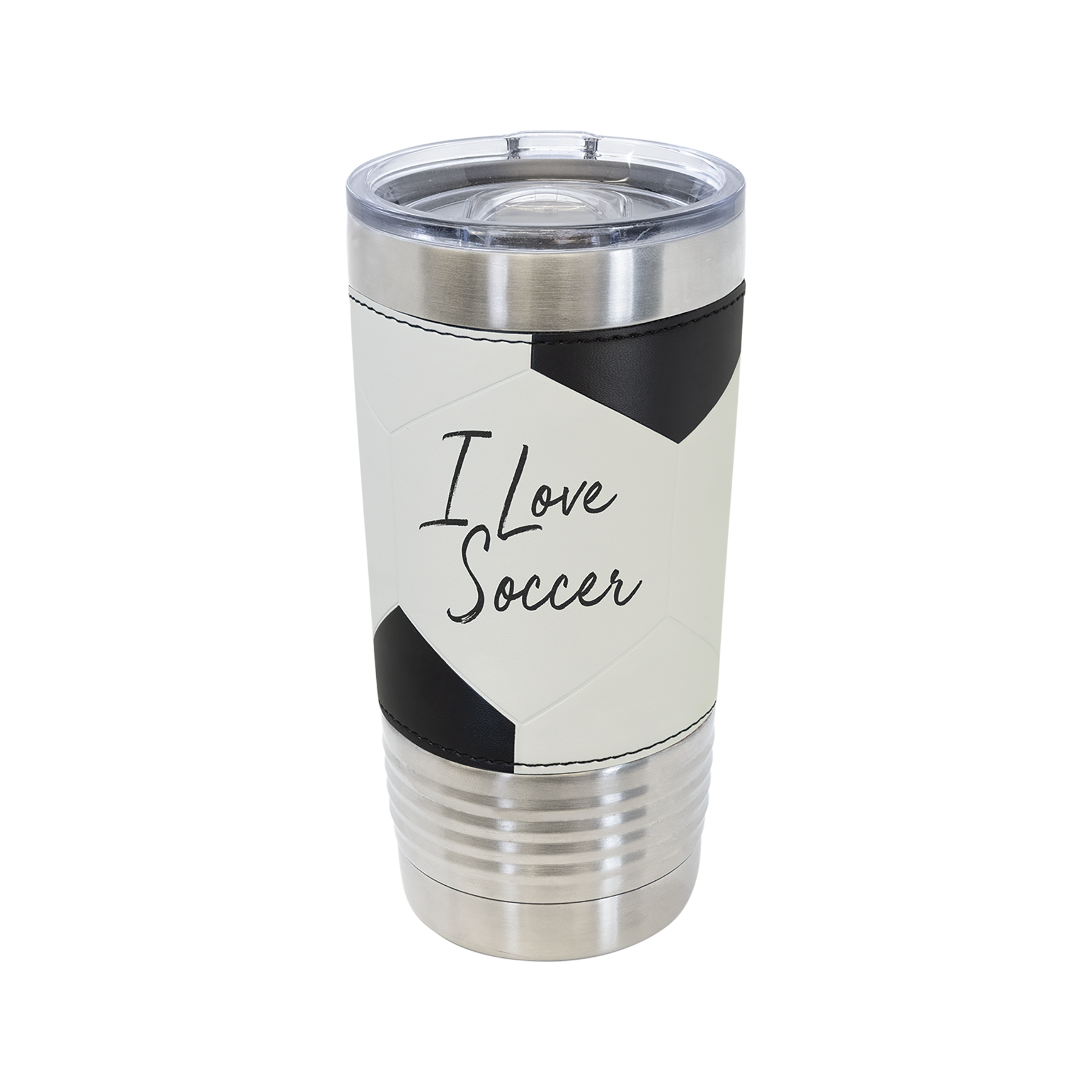 A personalized stainless steel insulated tumbler with a clear lid, featuring a soccer ball wrap with a custom engraved loge.