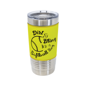 A personalized stainless steel softball tumbler with a clear lid and softball feeling warp. The tumbler is is showing a custom engraved logo.