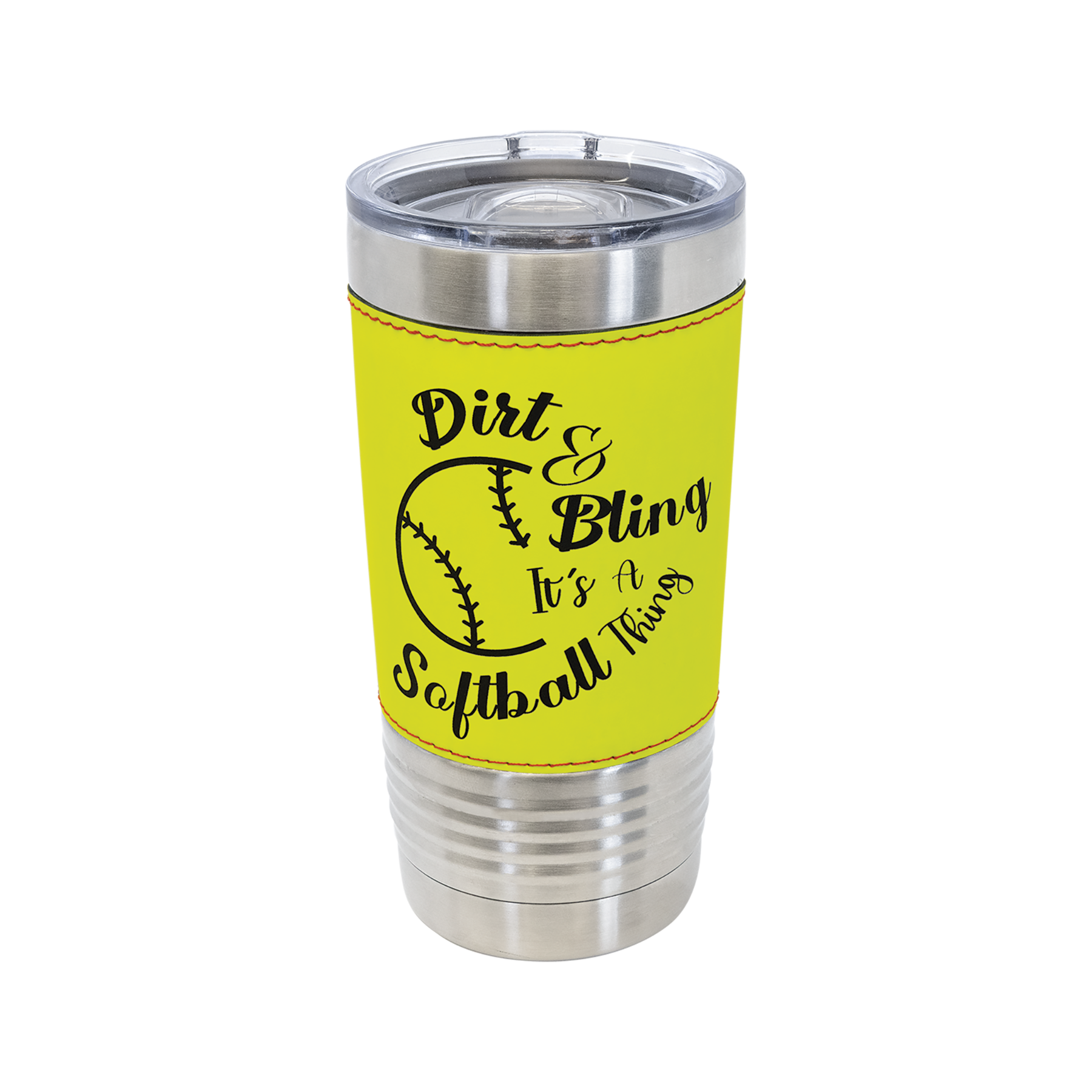 A personalized stainless steel softball tumbler with a clear lid and softball feeling warp. The tumbler is is showing a custom engraved logo.