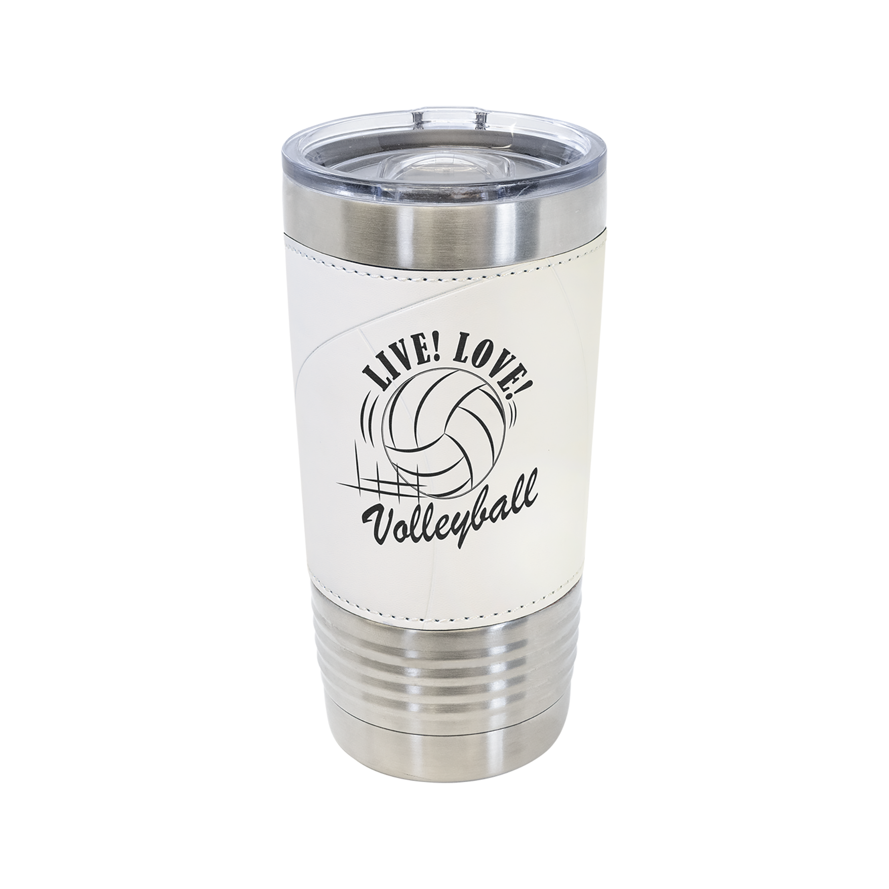 A personalized stainless steel insulated volleyball tumbler with a clear lid and a textured volleyball wrap with a custom engraved logo.