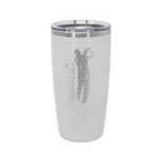 White golf ball dimpled Polar Camel stainless steel tumbler with custom logo engraving for golf tournaments, fundraisers, and bulk orders