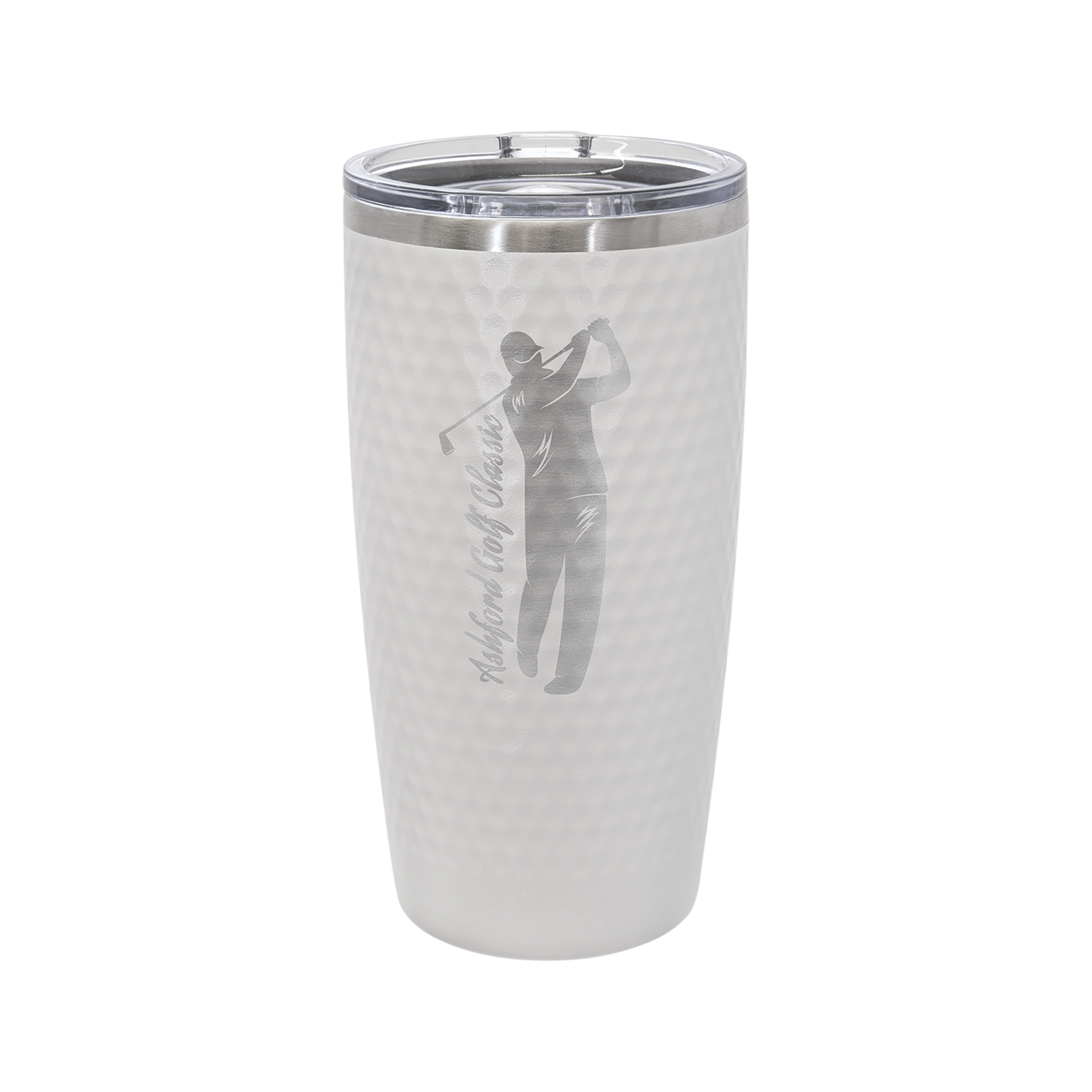 White golf ball dimpled Polar Camel stainless steel tumbler with custom logo engraving for golf tournaments, fundraisers, and bulk orders