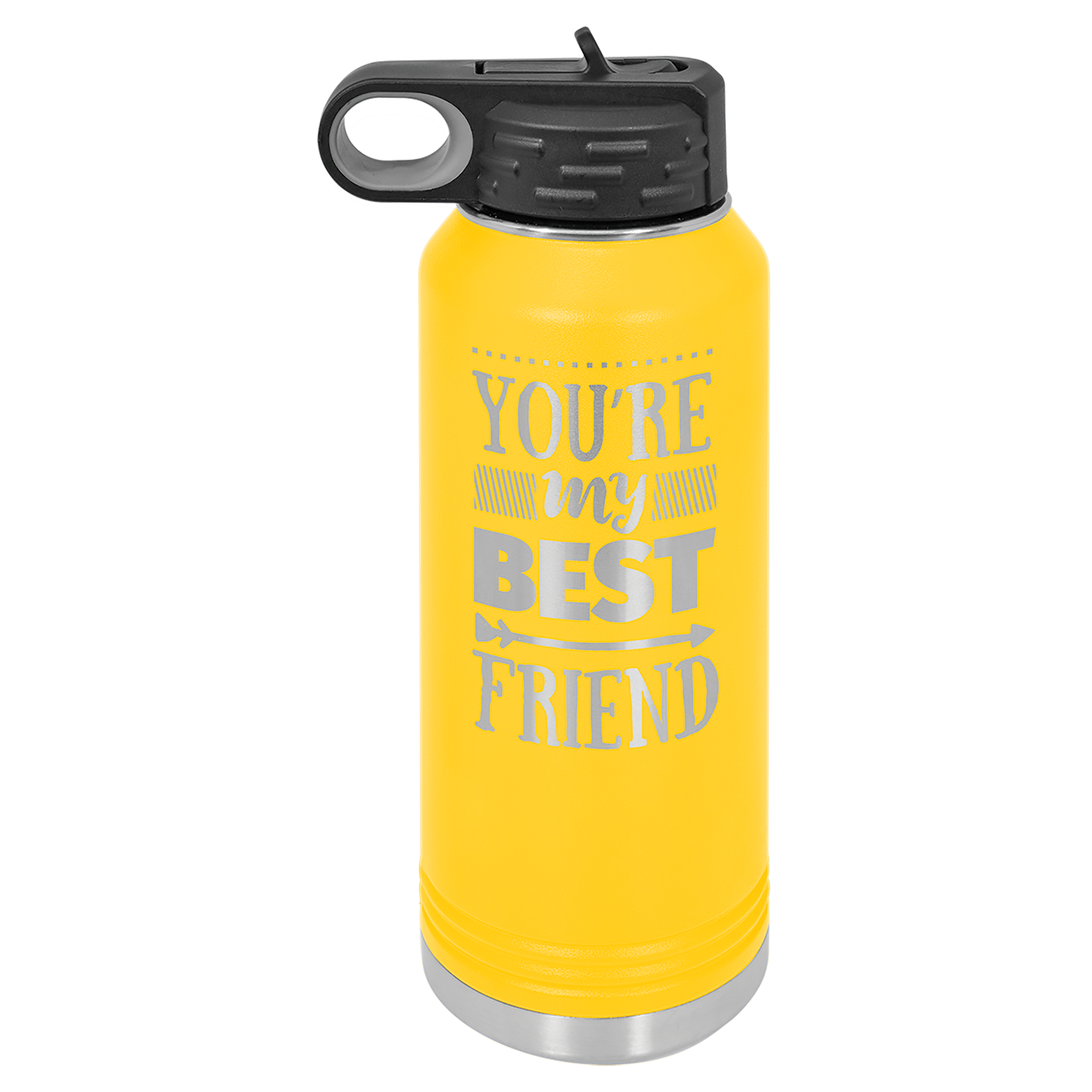 Yellow stainless steel water bottle with a custom design reading you're my best friend